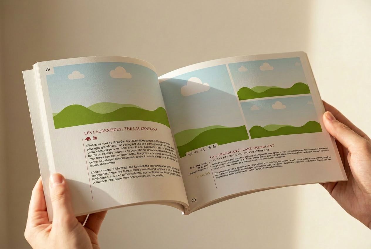 The guide held open showing a Lake Tremblant property spread